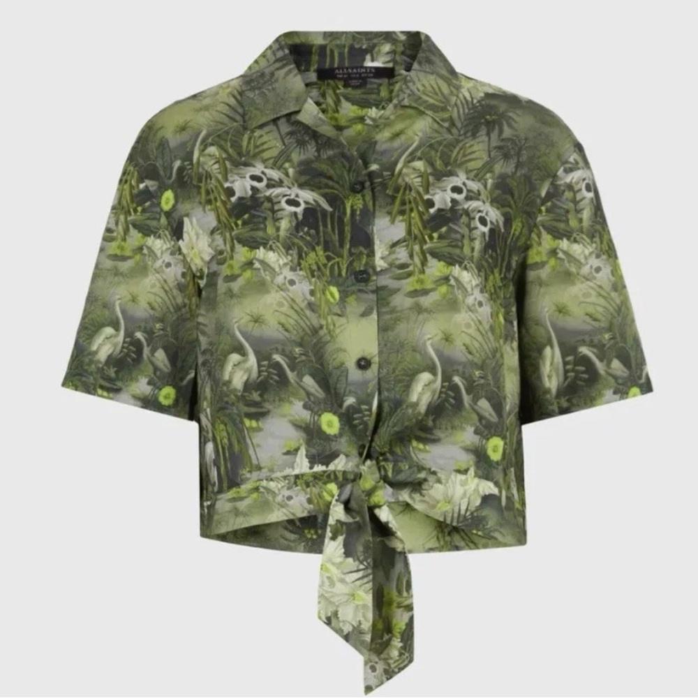 ALL SAINTS Leni Rejuvenate Shirt Tropical Hawaiian Green  Tie Up Top Size US 4